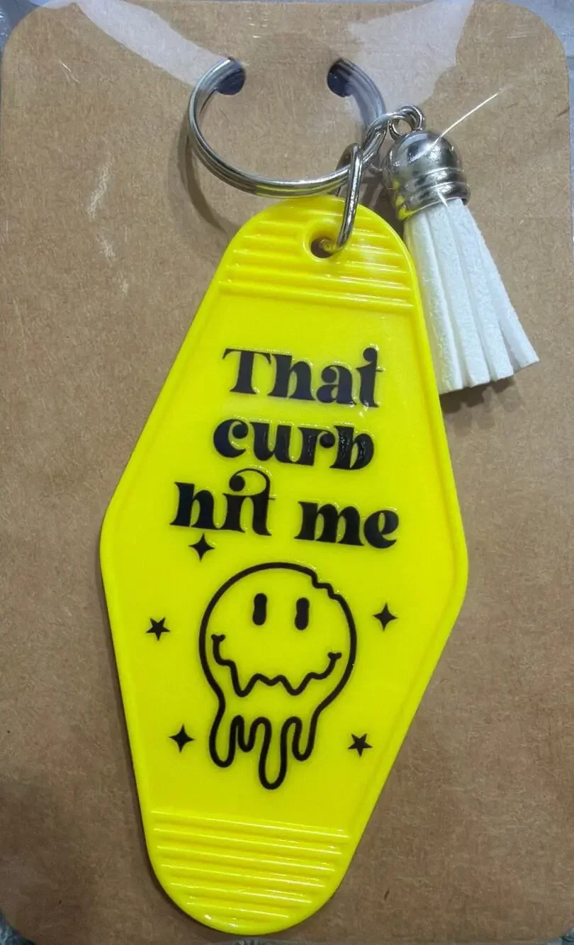 That Curb Hit Me Yellow & Black Vintage Hotel Motel Keychain Key Chain Handmade